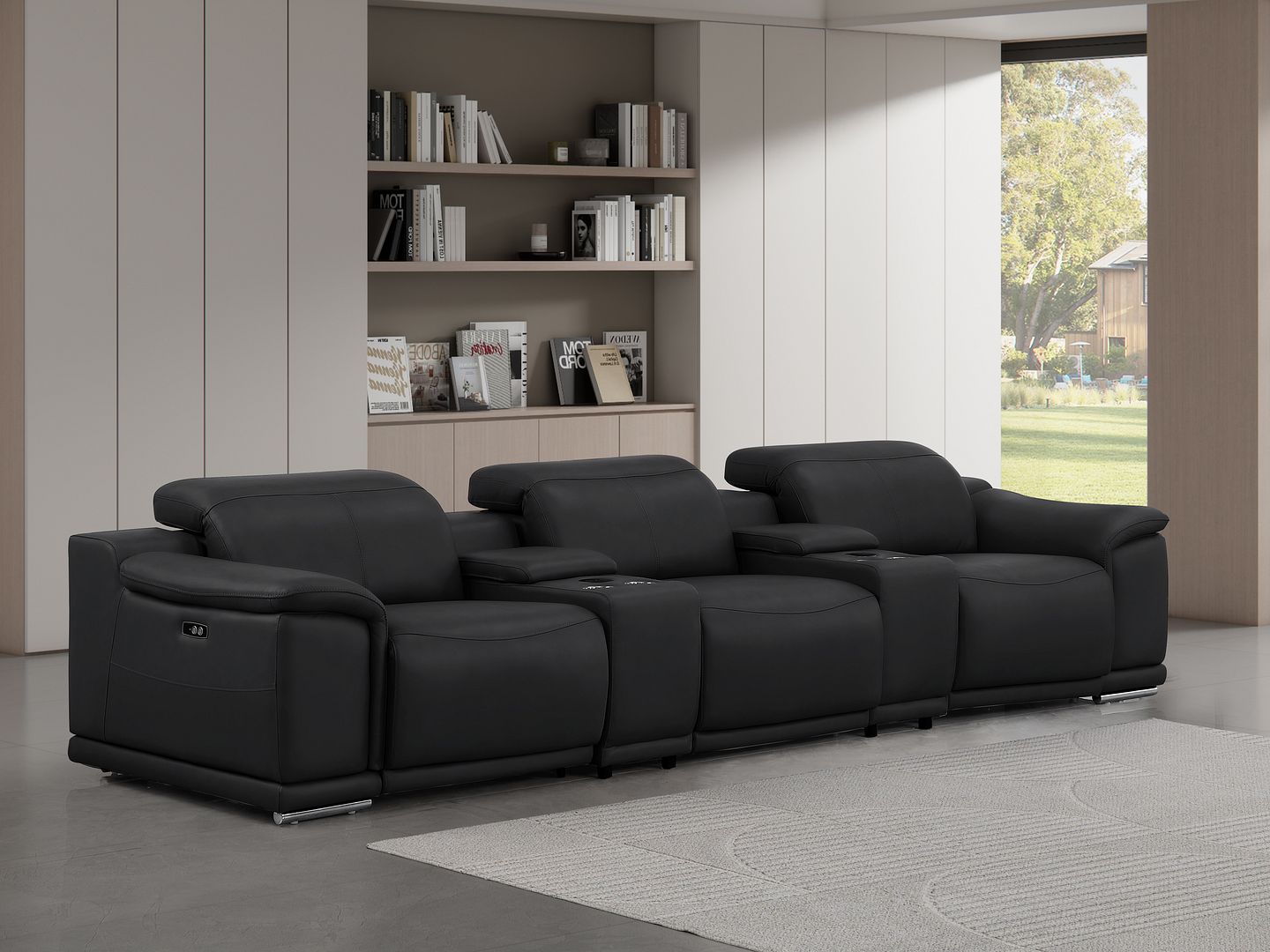 2679 Genuine Leather Sofa with 3 Power Recliners & Dual Storage Consoles - Black