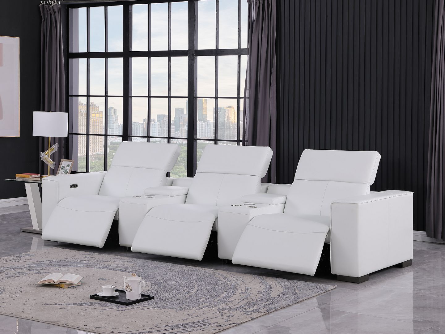 1208 Leather Sofa with 3 Power Recliners and Two Storage Consoles