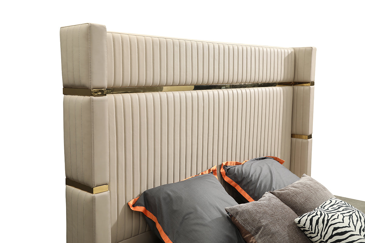 Queen Sterling Modern Beige Bonded Leather & Gold Bed