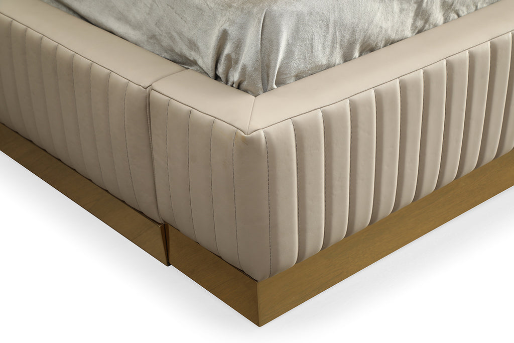 Queen Sterling Modern Beige Bonded Leather & Gold Bed