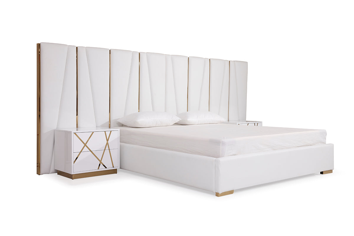 Queen Nixa Modern White Bonded Leather & Gold Bed