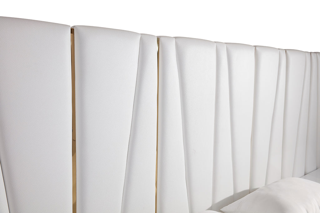 Queen Nixa Modern White Bonded Leather & Gold Bed