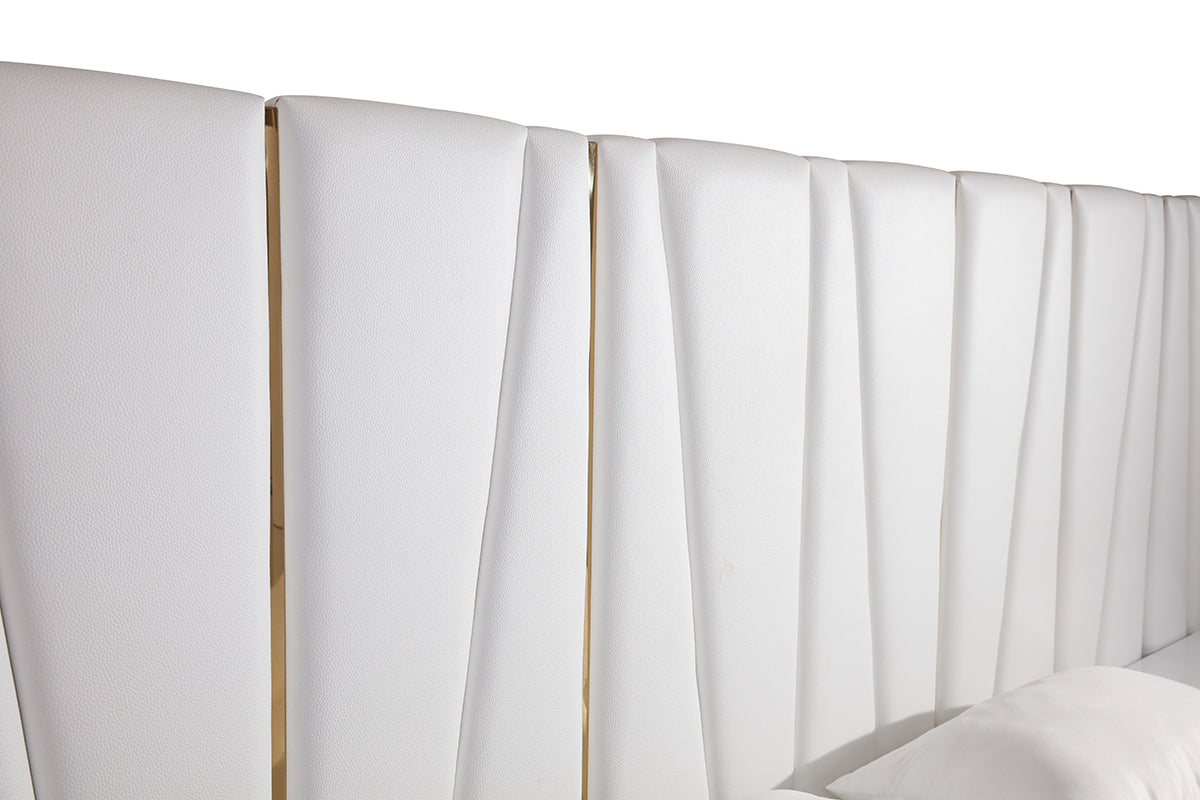 Queen Nixa Modern White Bonded Leather & Gold Bed
