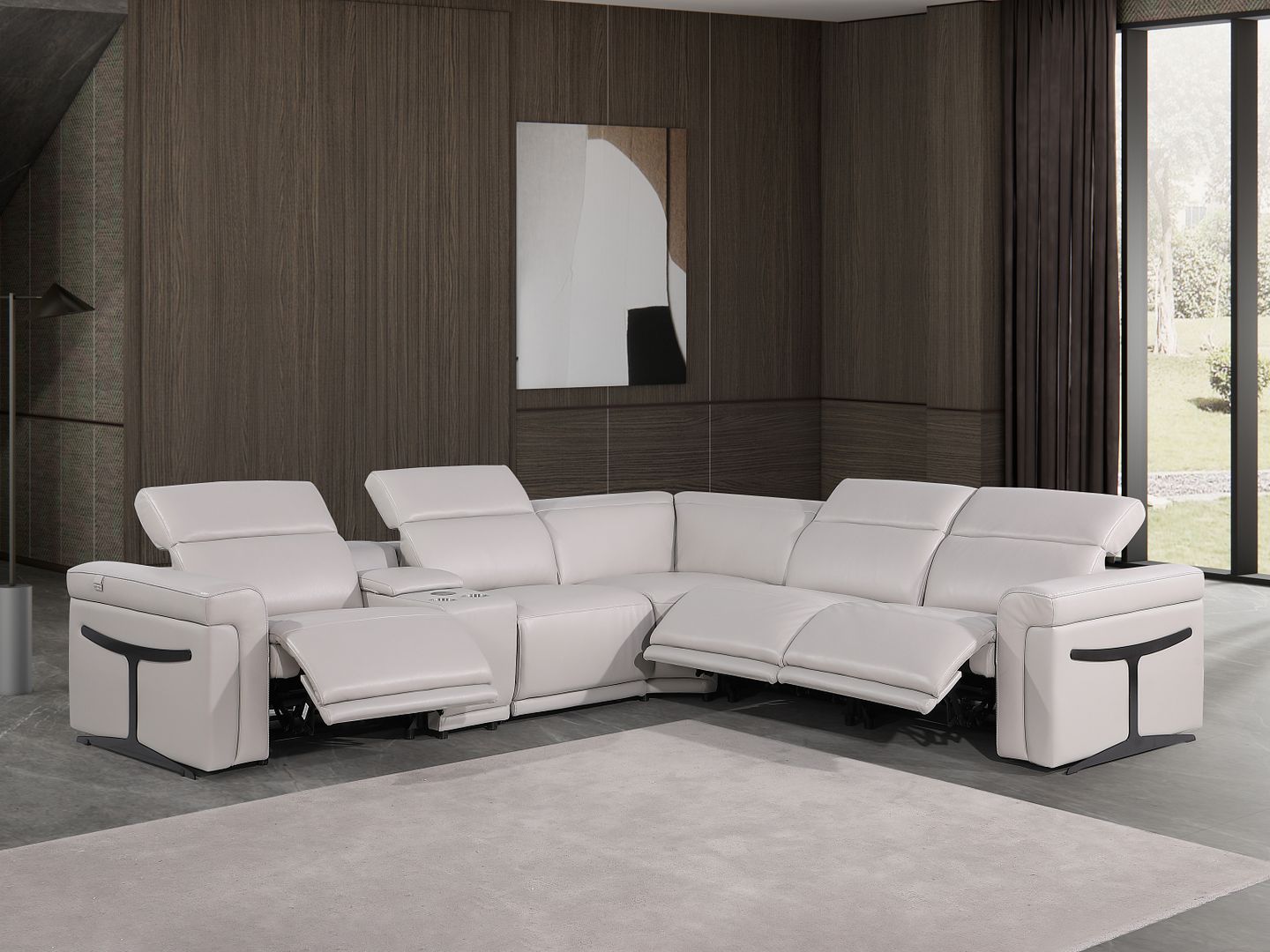 1126 Divanitalia 6-Piece L-Shaped Sectional Sofa in Top Grain Italian Leather with 3 Power Recliners & Power Headrests - Light Grey