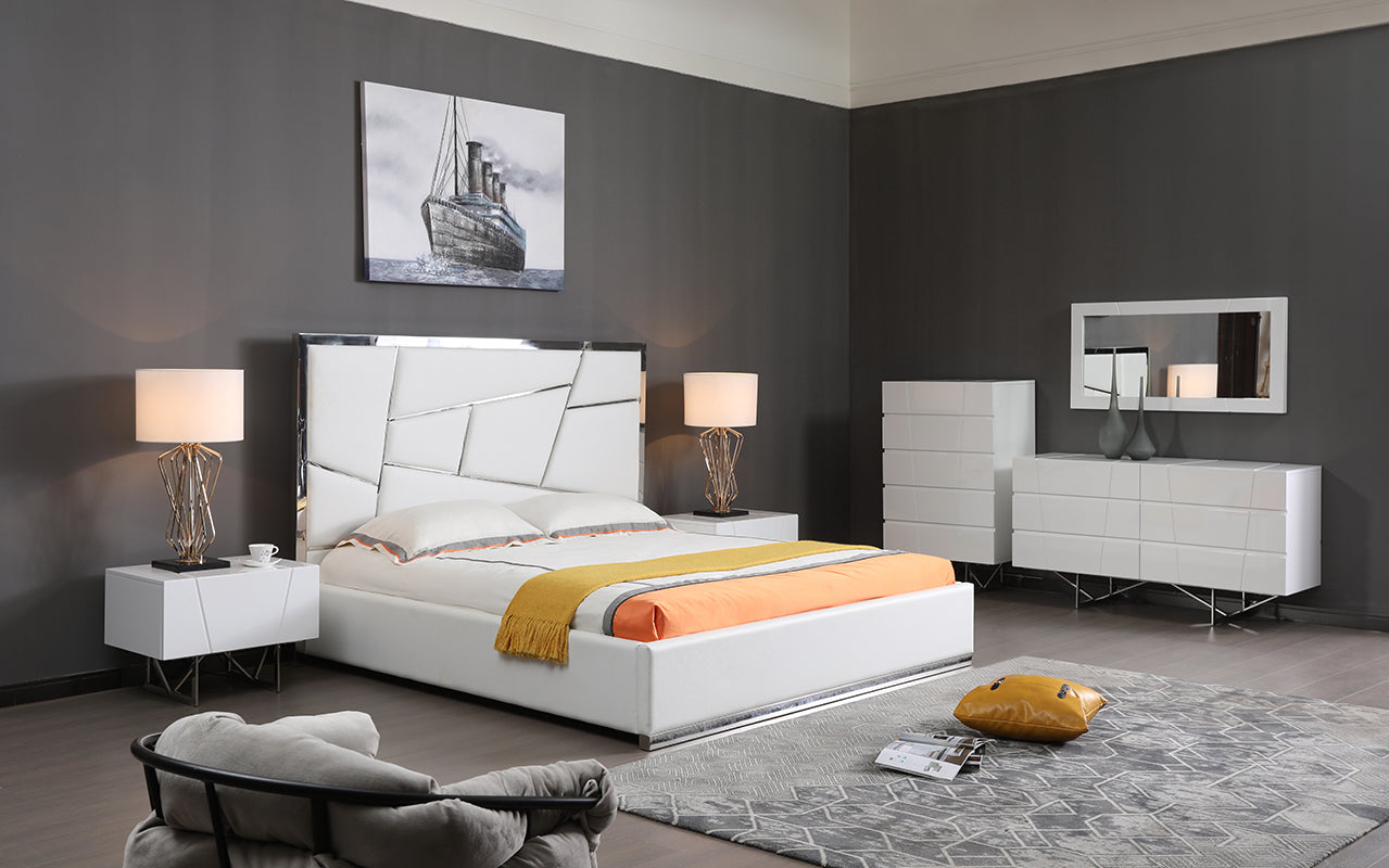 Queen Chrysler Modern White Bonded Leather Bed