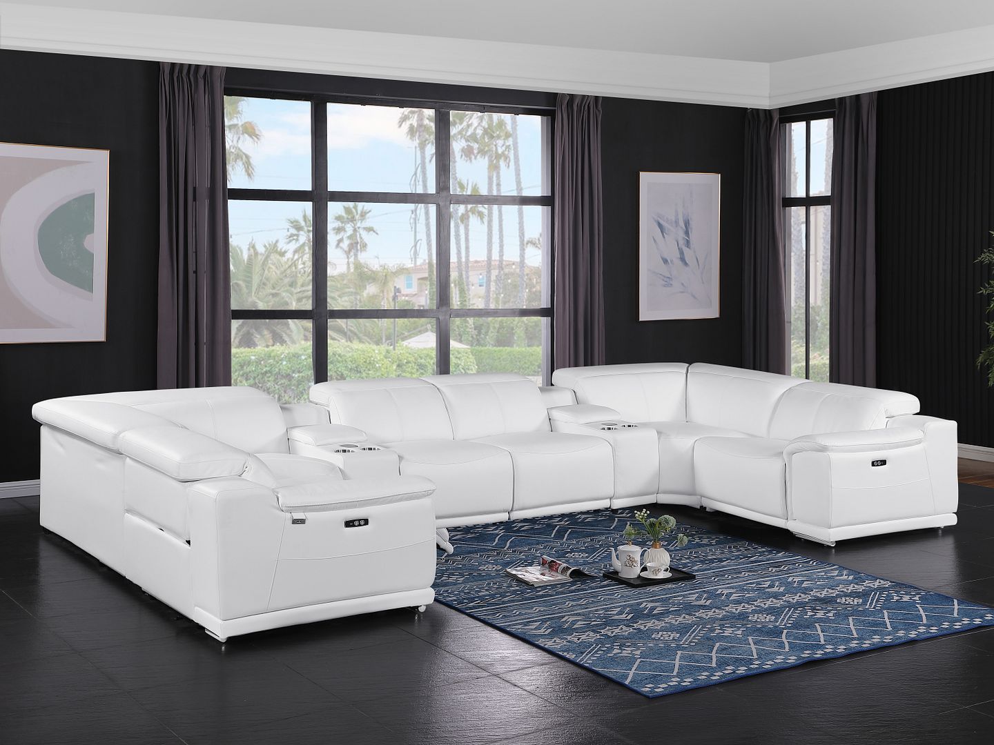 9762 Divanitalia 10-Piece U-Shaped Top Grain Italian Leather Sectional Sofa with 4 Power Recliners - White