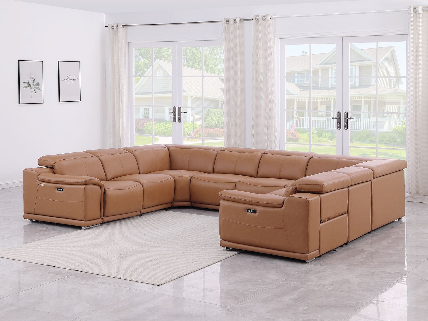 9762 Divanitalia 8-Piece U-Shaped Top Grain Italian Leather Sectional Sofa with 4 Power Recliners - Cognac