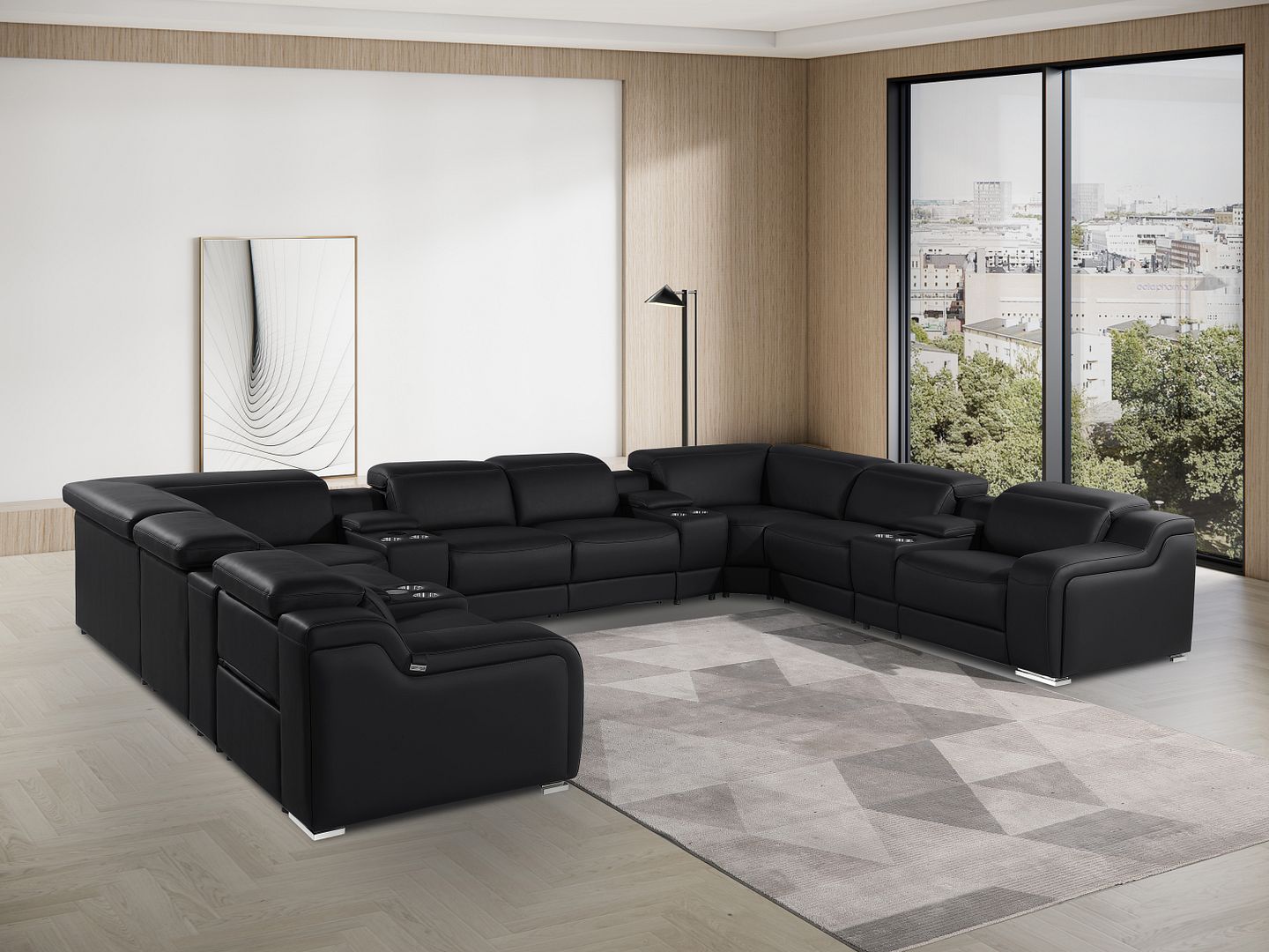 1116 Divanitalia 12-Piece U-Shaped Sectional Sofa in Top Grain Italian Leather with 4 Power Recliners & Power Headrests - Black