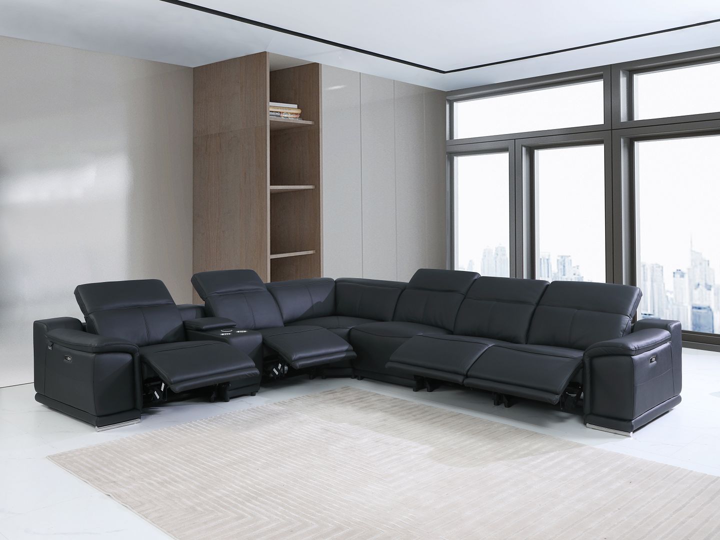 9762 Divanitalia 7-Piece L-Shaped Top Grain Italian Leather Sectional Sofa with 4 Power Recliners - Black