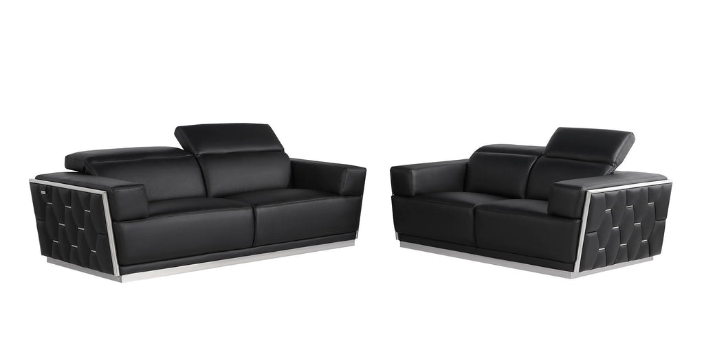 1111 Divanitalia 2-Piece Sofa Set with Adjustable Headrest in Top-grain Italian Leather - Black - SKU 1111-BLACK-2PC - view 2