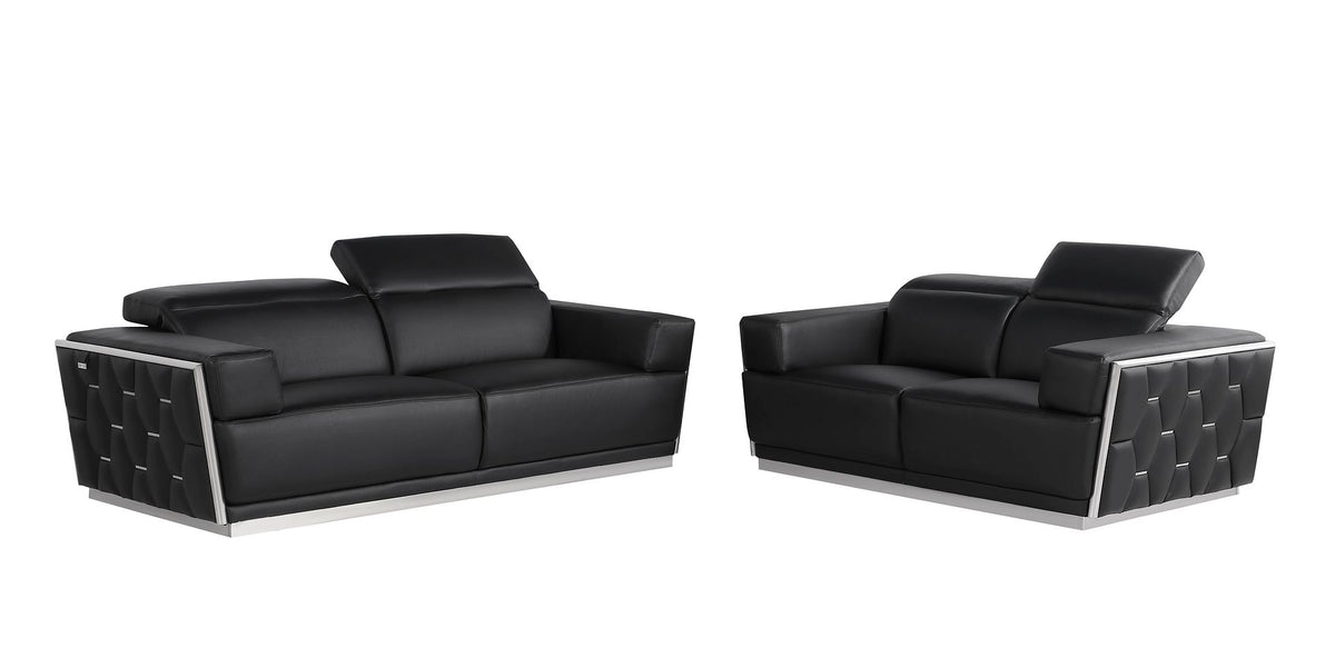 1111 Divanitalia 2-Piece Sofa Set with Adjustable Headrest in Top-grain Italian Leather - Black - SKU 1111-BLACK-2PC - view 2