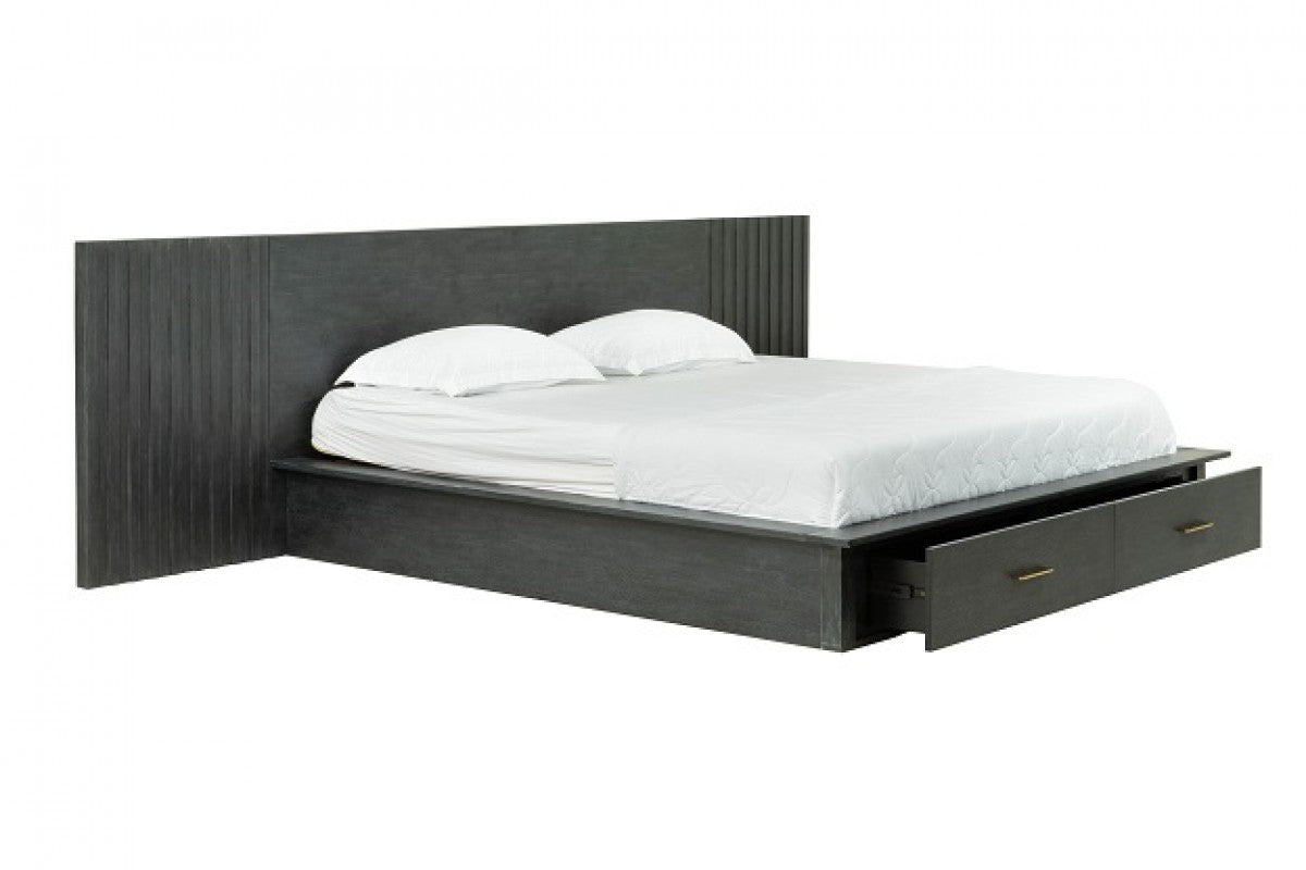 Manchester - Contemporary Platform Dark Grey Bed with Two Nightstands - Contemporary Platform Dark Grey Bed with Two Nightstands