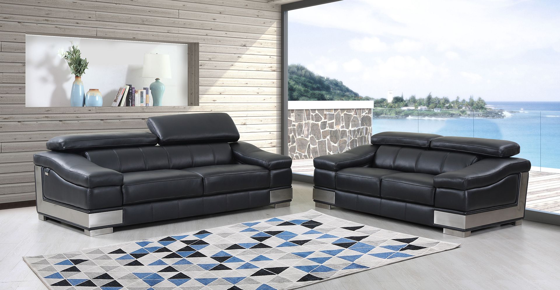 415 Divanitalia 2-Piece Sofa Set with Adjustable Headrest in Top-grain Italian Leather - Black