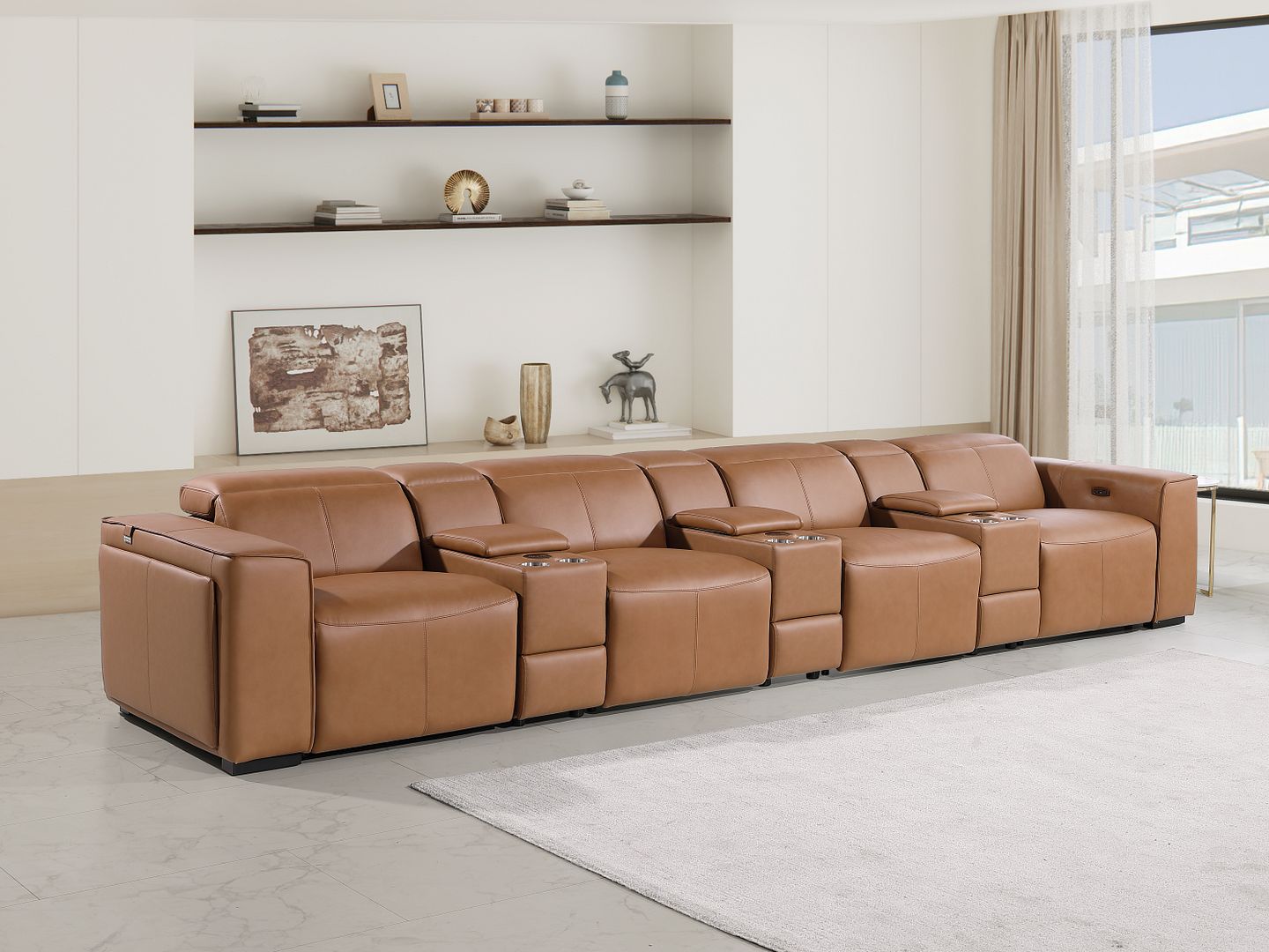 1224 Divanitalia 7-Piece Modular Power Reclining Sofa in Top Grain Italian Leather with 4 Power Recliners & Power Headrests - Cognac