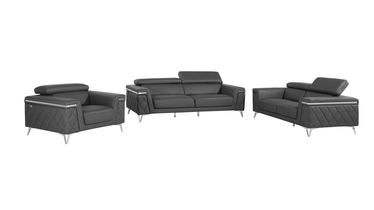 1140 Divanitalia 3-Piece Sofa Set with Adjustable Headrest in Top-grain Italian Leather - Dark Grey - SKU 1140-DK-GREY-3PC - view 2