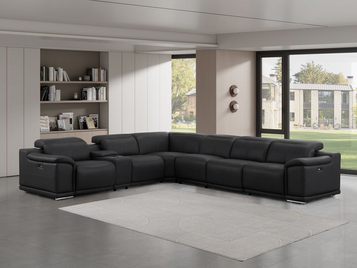 2679 7-Piece L-Shaped Power Reclining Sectional Sofa in Genuine Leather - 4 Recliners - Black - SKU 2679-BLACK-7PC-4PWR-L-SECT