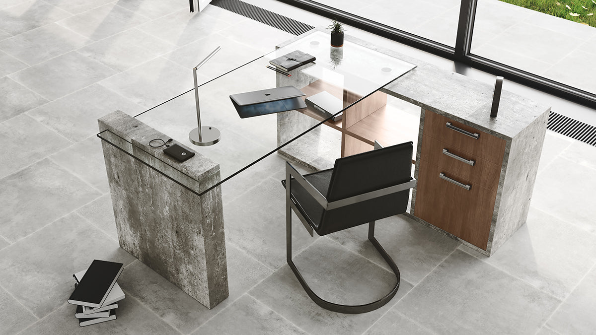 Boston Modern Glass & Faux Concrete Reversible Desk