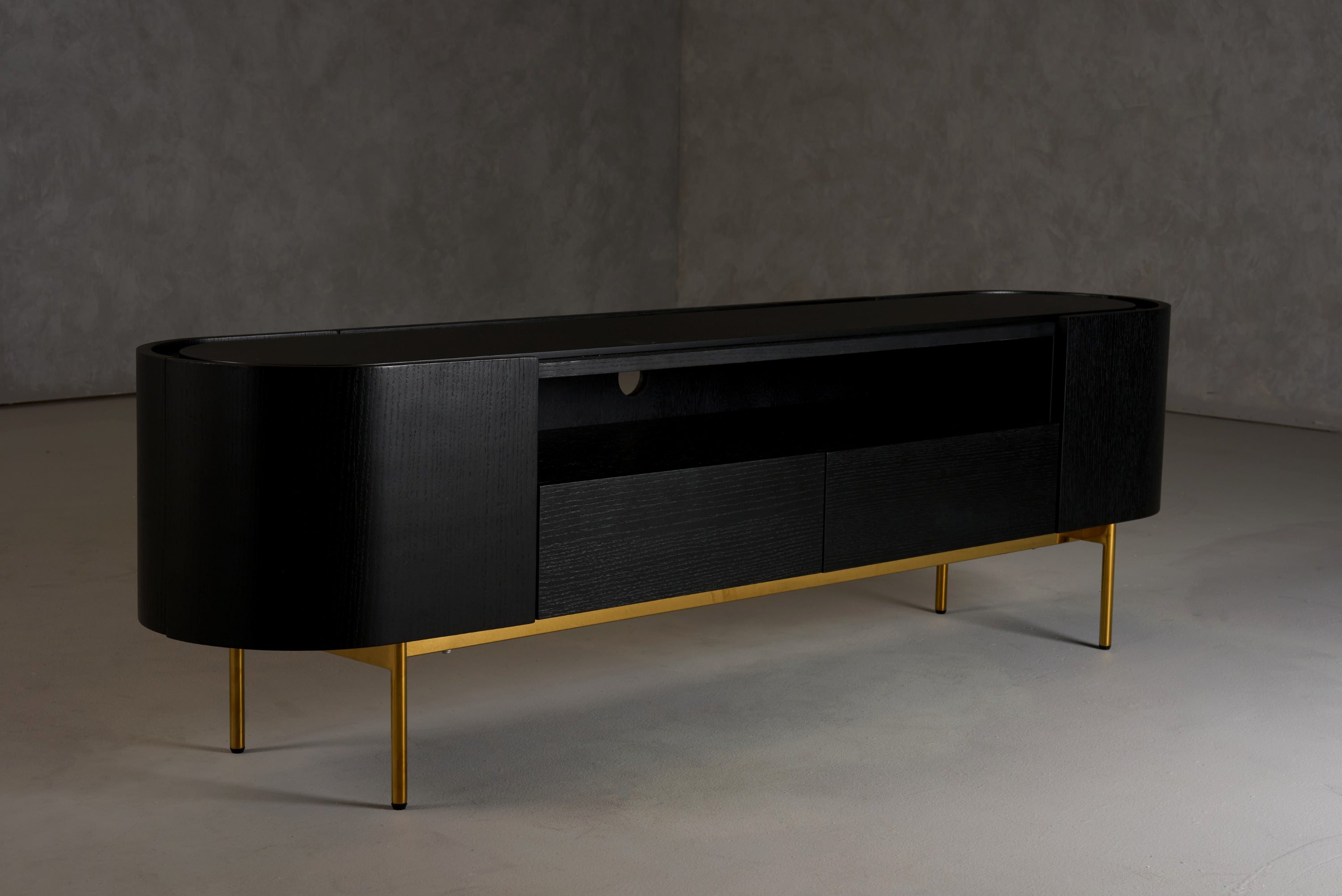 Bowie - Mid-Century Modern Black Oak + Brass TV Stand