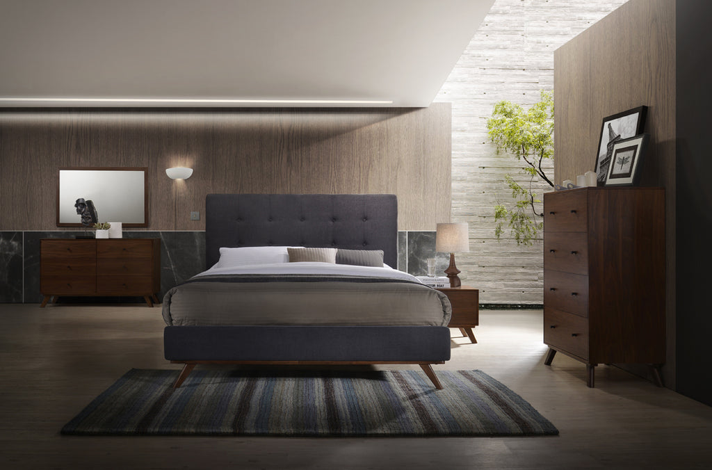 Eastern King Addison Mid-Century Modern Grey Fabric & Walnut Bed