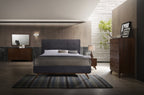 Eastern King Addison Mid-Century Modern Grey Fabric & Walnut Bed