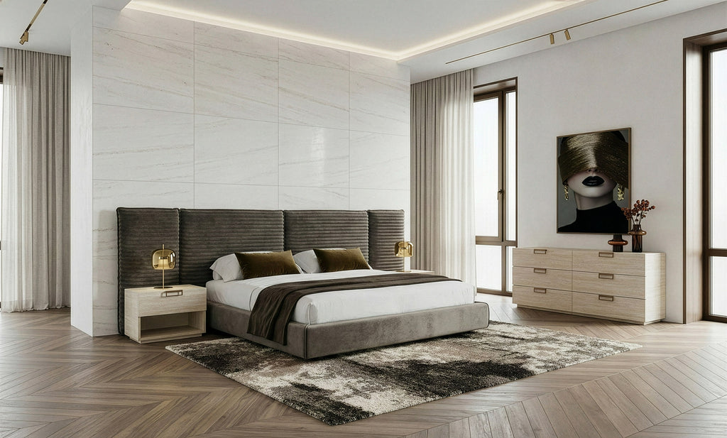 Eastern King Breslow - Modern Dark Taupe Velvet Bed - Modern Dark Taupe Velvet Bed