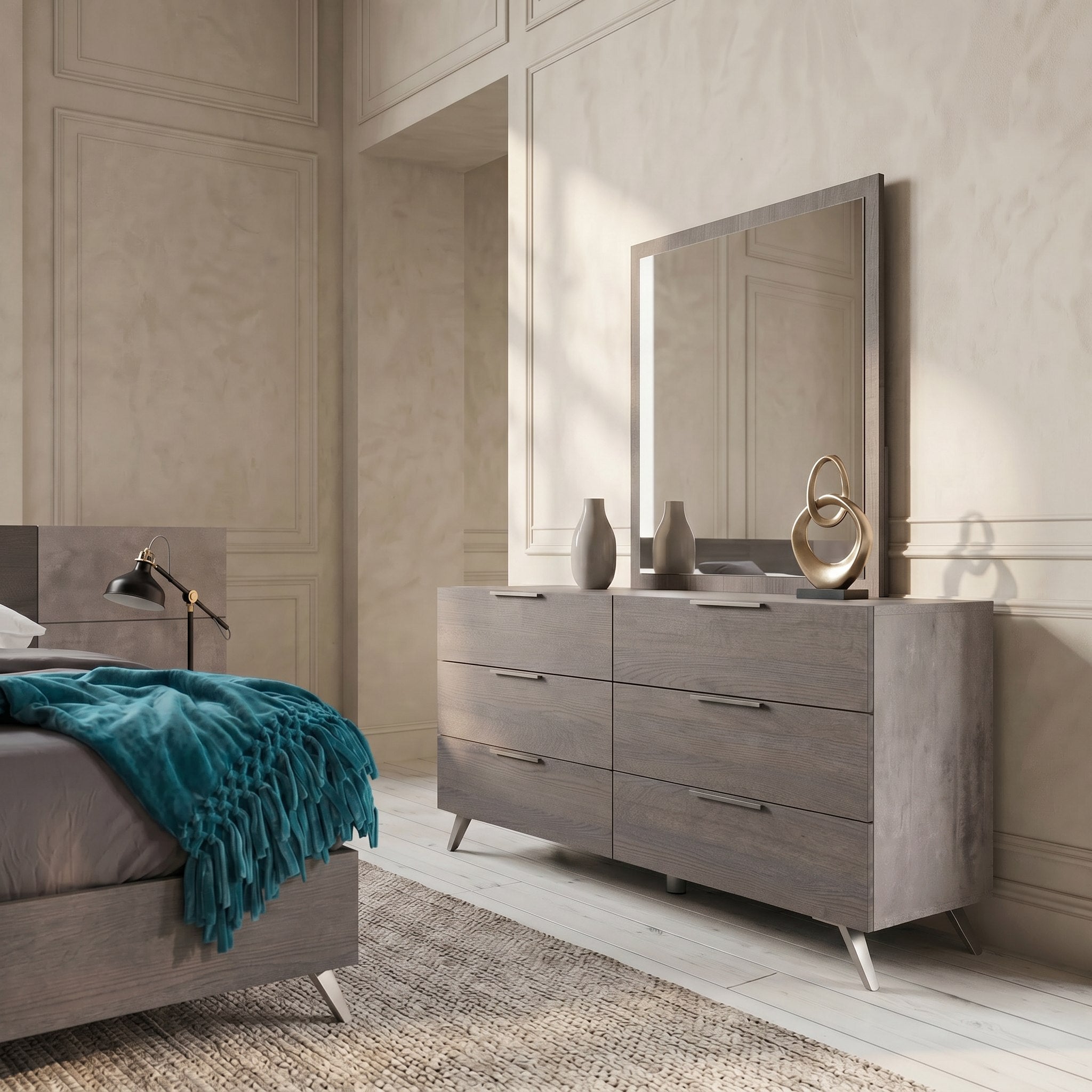 Bronx Italian Modern Faux Concrete & Grey Dresser & Mirror Set