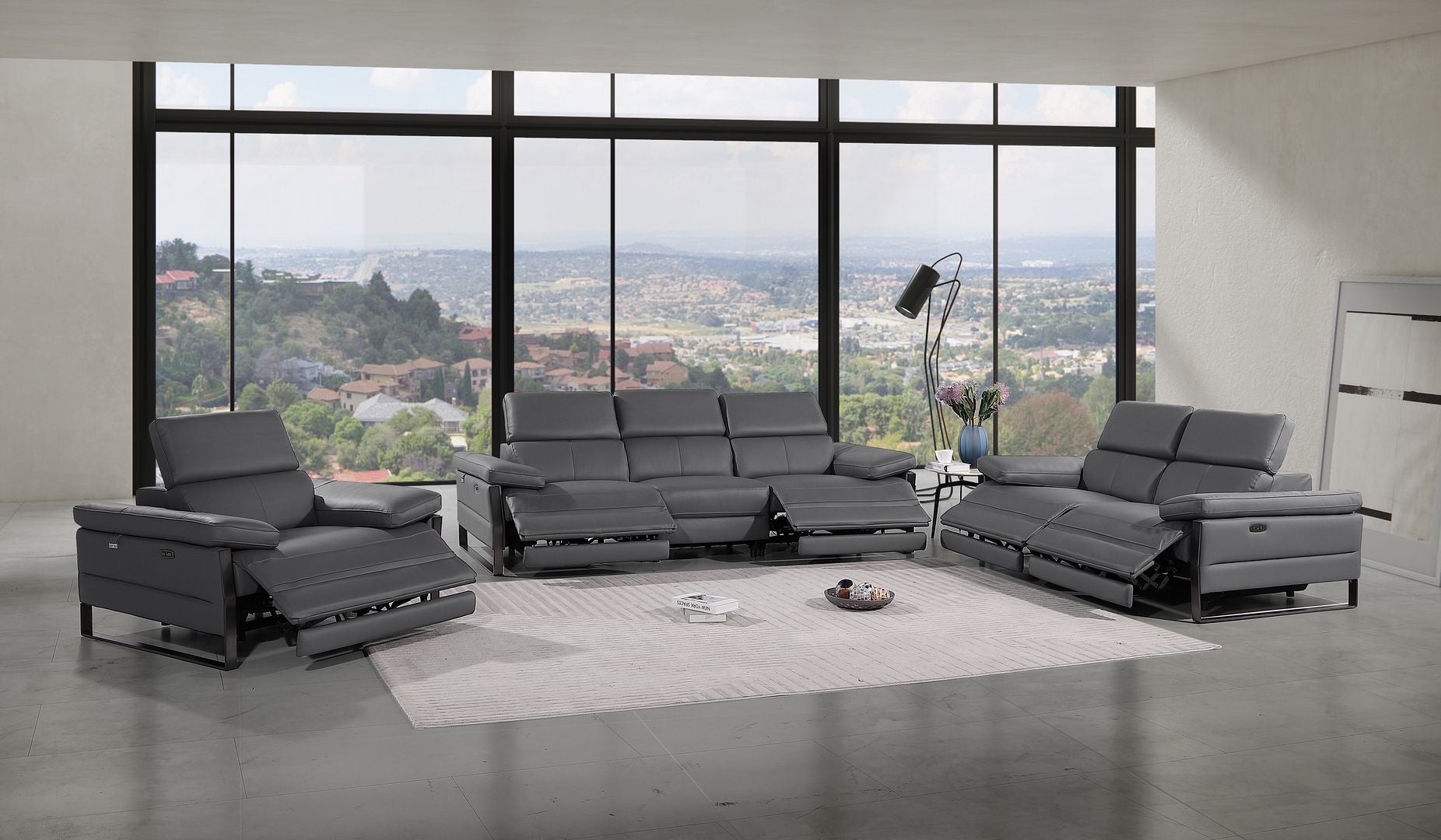 1246 Divanitalia Modular Power Dual Reclining Sofa, Loveseat, and Chair Set with Power Headrests - Top Grain Italian Leather - Dark Grey - SKU 1246-DK-GREY-6.5-HT-3PC - view 2