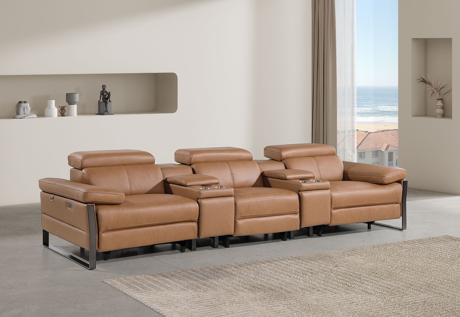 1246 Divanitalia Modular Power Triple Reclining Dual Console Sofa with Power Reclining Headrests - Top Grain Italian Leather - Cognac - SKU 1246-COGNAC-5.3-HT