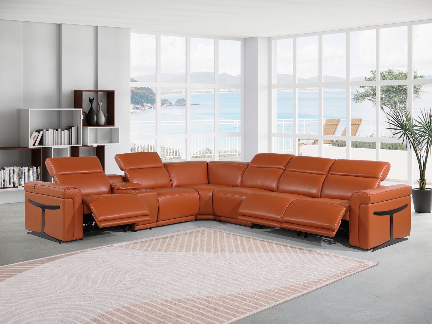 1126 Divanitalia 7-Piece L-Shaped Sectional Sofa in Top Grain Italian Leather with 3 Power Recliners & Power Headrests - Camel