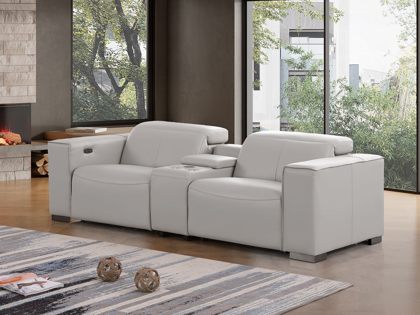 1208 Genuine Leather Dual Power Reclining Console Loveseat - Light Grey