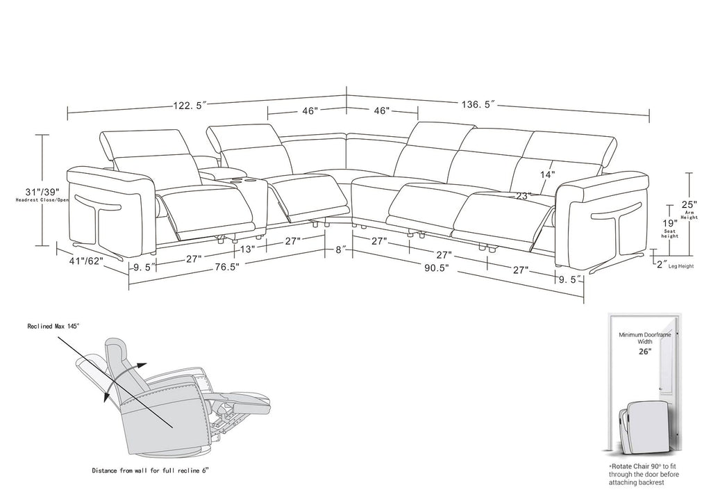 1126 Divanitalia 7-Piece L-Shaped Sectional Sofa in Top Grain Italian Leather with 4 Power Recliners & Power Headrests - Light Grey - SKU 1126-LT-GREY-SEC-7PC-4PWR-SECTIONAL-GROUP - view 16