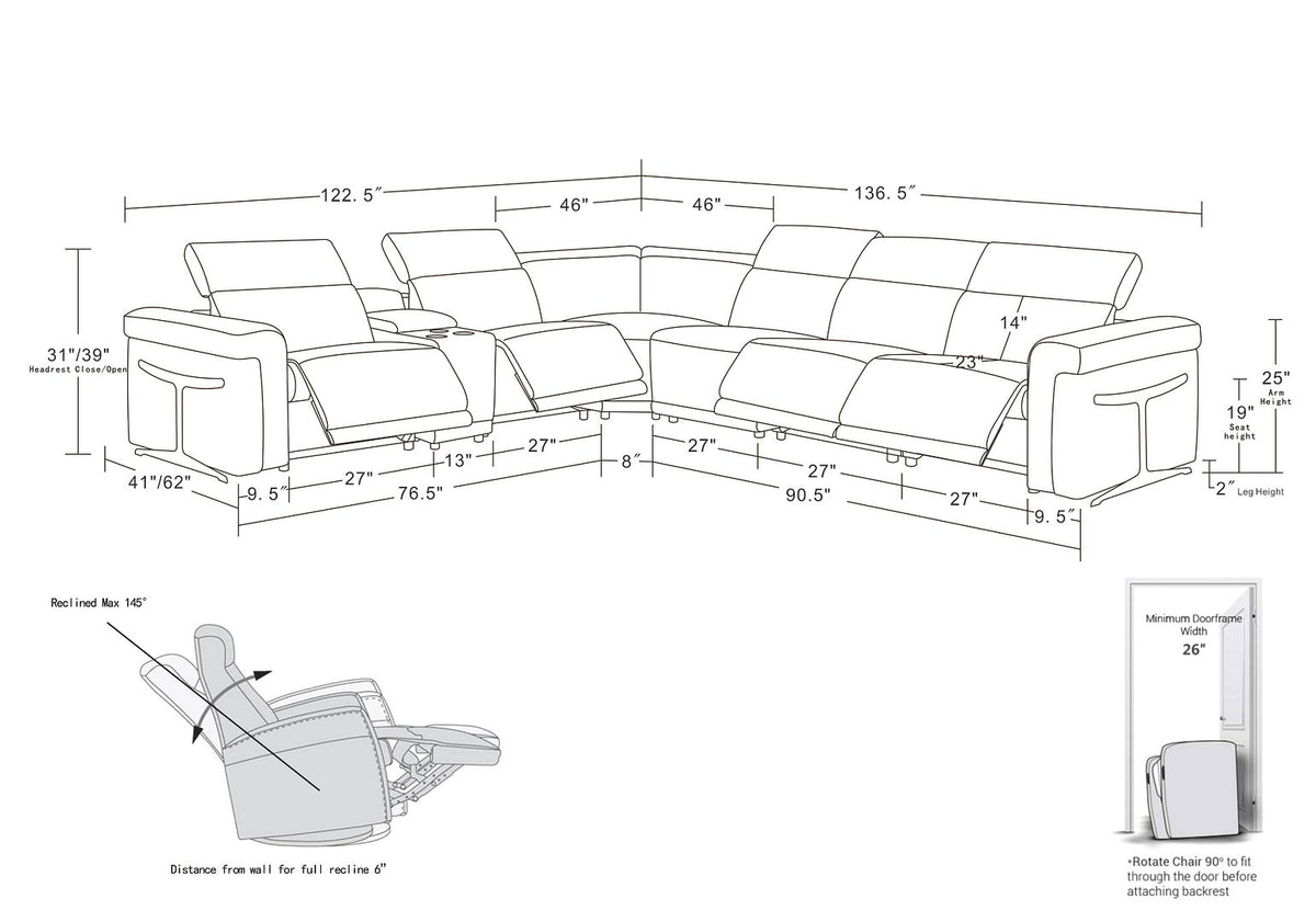 1126 Divanitalia 7-Piece L-Shaped Sectional Sofa in Top Grain Italian Leather with 4 Power Recliners & Power Headrests - Light Grey - SKU 1126-LT-GREY-SEC-7PC-4PWR-SECTIONAL-GROUP - view 16