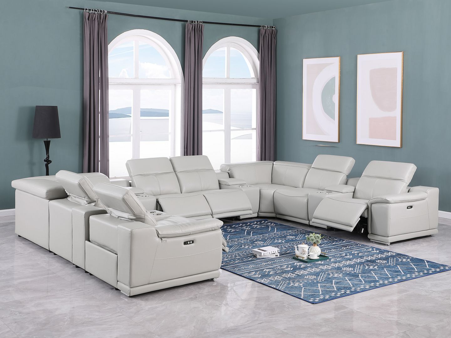 9762 Divanitalia 12-Piece U-Shaped Top Grain Italian Leather Sectional Sofa with 4 Power Recliners - Light Grey