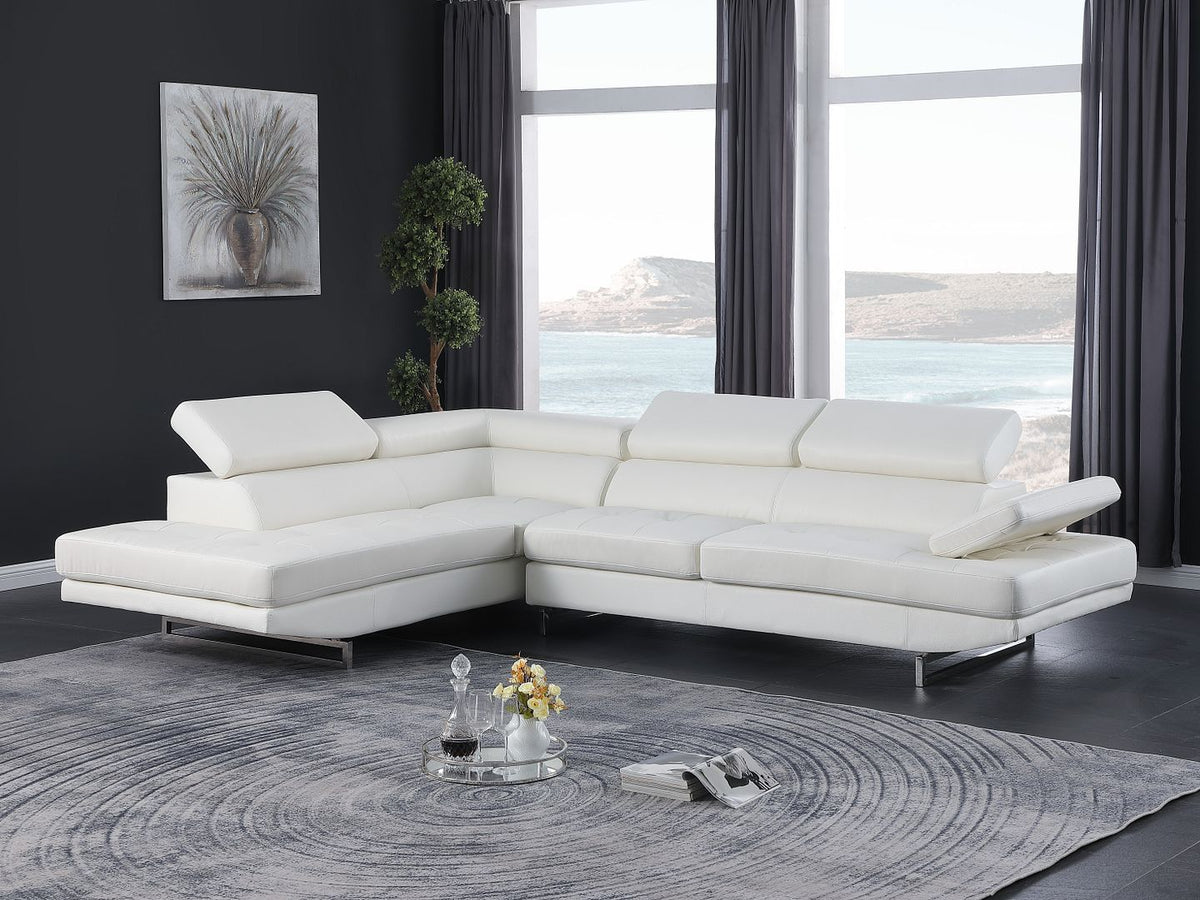 8136 Left Arm Facing Chaise with Adjustable Headrest in Genuine Leather - White - SKU 8136-Sectional-LAF-CHAISE-WHITE