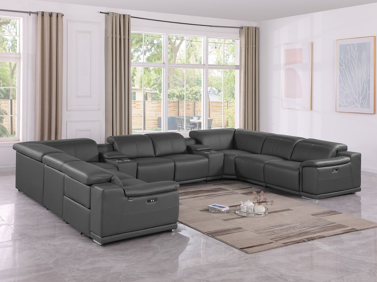 9762 Divanitalia 10-Piece U-Shaped Top Grain Italian Leather Sectional Sofa with 4 Power Recliners - Dark Grey