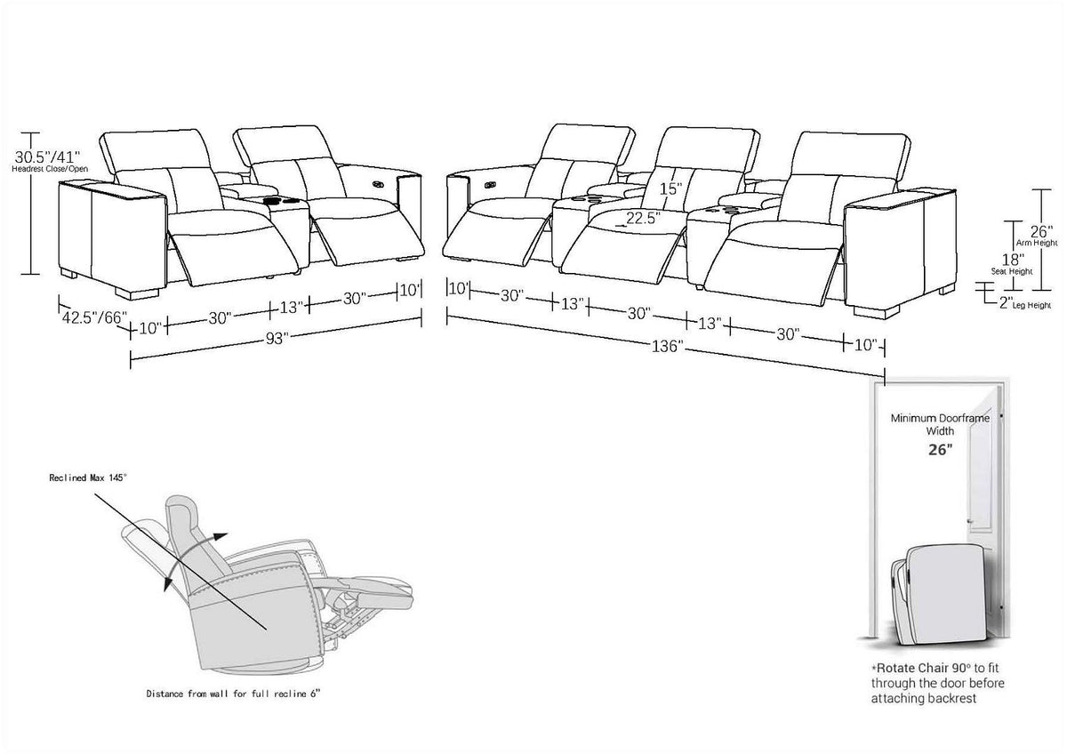 1208 Modular Leather Sofa & Loveseat with 6 Recliners and Power Headrests - Dark Grey - SKU 1208-DK-GREY-8.5-HT - view 15