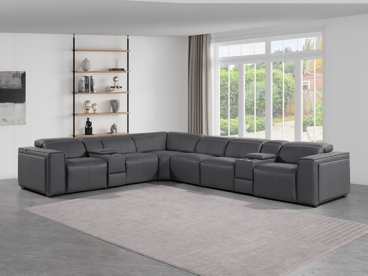 1224 Divanitalia 8-Piece L-Shaped Sectional Sofa in Top Grain Italian Leather with 4 Power Recliners & Power Headrests - Dark Grey