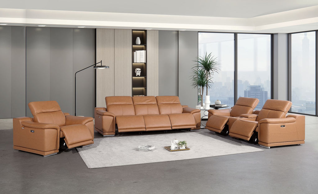9762 Divanitalia 7-Piece Modular Power Reclining Sofa, Loveseat and Chair Set with 6 Power Recliners in Top Grain Italian Leather - Cognac - SKU 9762-COGNAC-7.6-HT-3PC - view 2