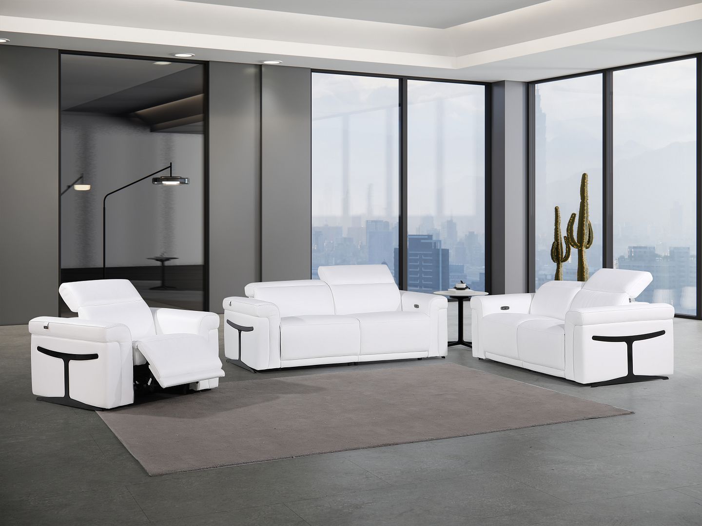 1126 Divanitalia Power Reclining Sofa, Loveseat & Chair Set in Top Grain Italian Leather with 5 Power Recliners & Power Headrests - White