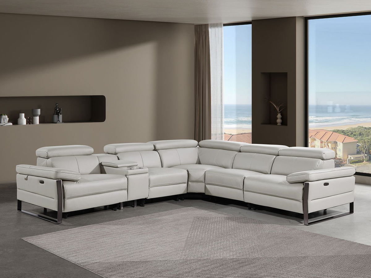 1246 Divanitalia 6-Piece L-Shaped Modular Power Reclining Sectional Sofa with 3 Power Recliners and Power Headrests - Top Grain Italian Leather - Light Grey - SKU 1246-LT-GREY-6PC-3PWR-SECTIONAL