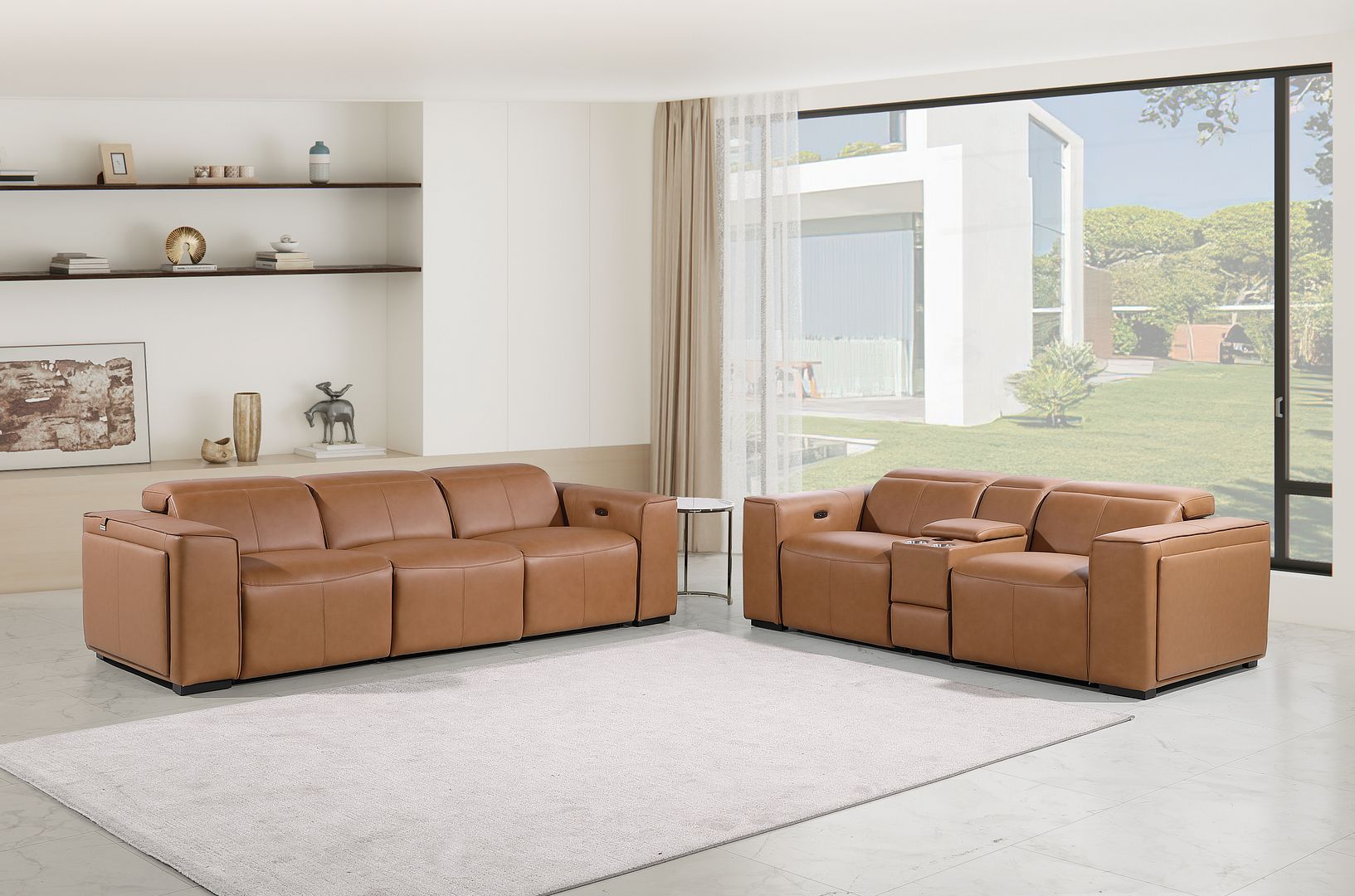 1224 Divanitalia 6-Piece Modular Power Reclining Sofa and Console Loveseat Set in Top Grain Italian Leather with 5 Power Recliners & Power Headrests - Cognac