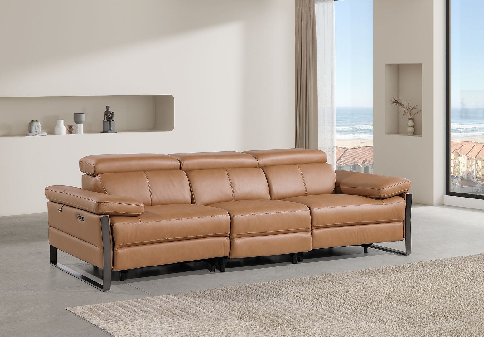 1246 Divanitalia Modular Power Dual Reclining Sofa with Power Reclining Headrests - Top Grain Italian Leather - Cognac - SKU 1246-COGNAC-3.2-S-HT