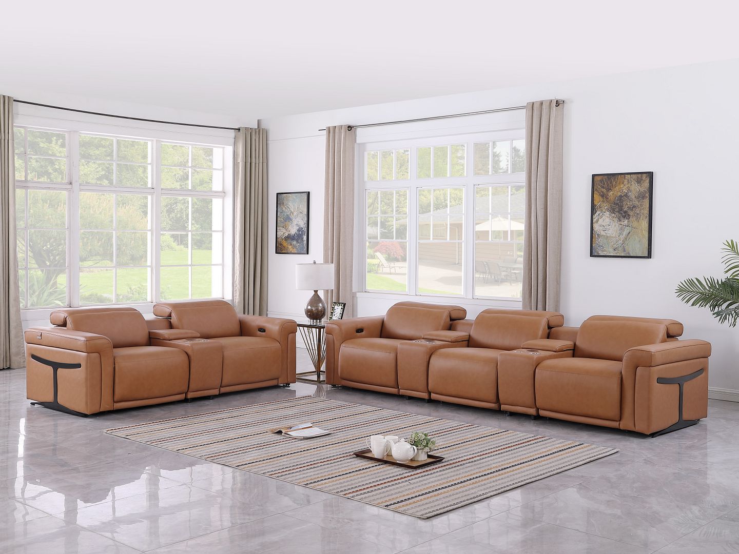 1126 Divanitalia 8-Piece Modular Power Reclining Sofa & Loveseat Set in Top Grain Italian Leather with 5 Power Recliners & Power Headrests - Cognac