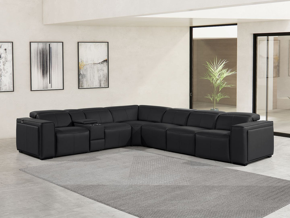1224 Divanitalia 7-Piece L-Shaped Sectional Sofa in Top Grain Italian Leather with 3 Power Recliners & Power Headrests - Black - SKU 1224-BLACK-7PC-3PWR-SECTIONAL