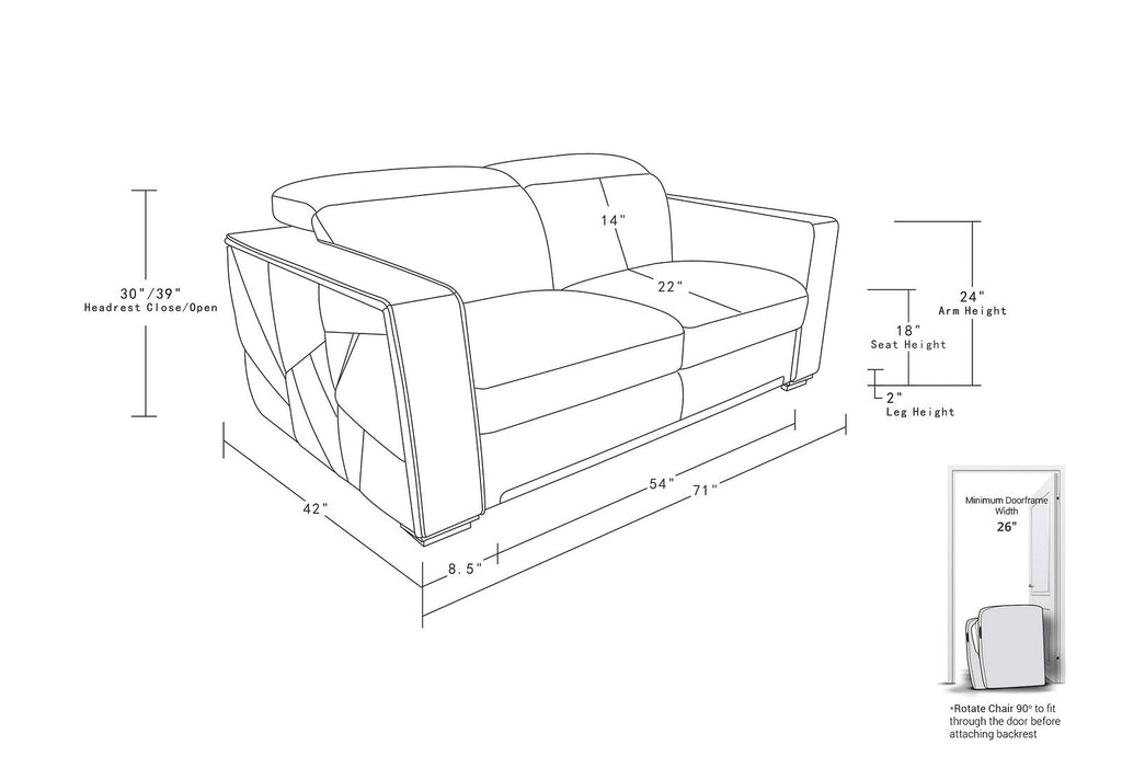 1120 Divanitalia Loveseat with Adjustable Headrest in Top-grain Italian Leather - White - SKU 1120-WHITE-L - view 12