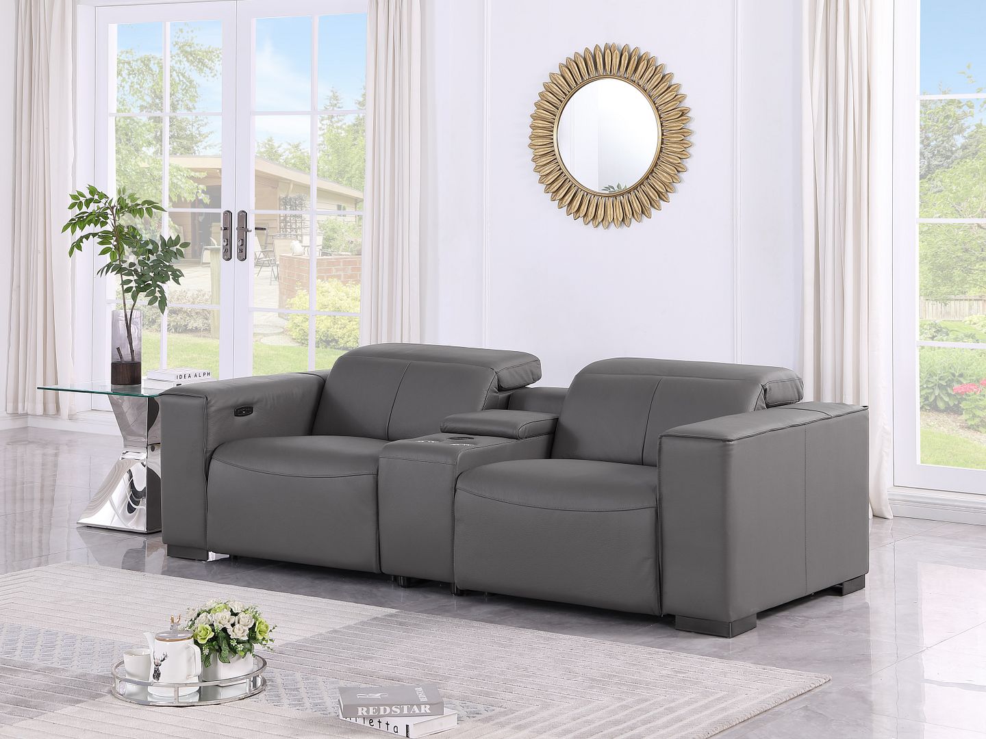 1208 Genuine Leather Dual Power Reclining Console Loveseat - Dark Grey