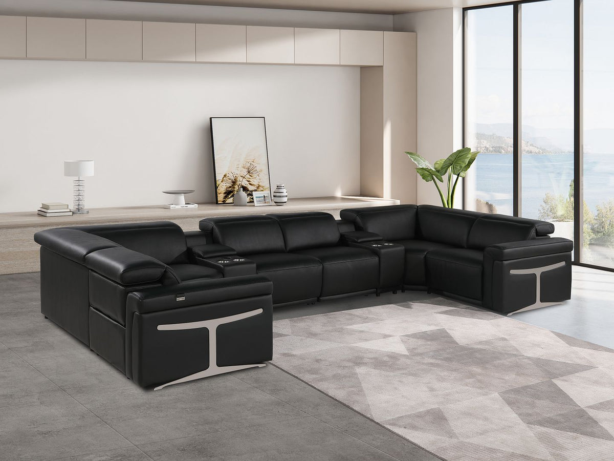 1126 Divanitalia 8-Piece U-Shaped Sectional Sofa in Top Grain Italian Leather with 2 Power Recliners & Power Headrests - Black - SKU 1126-BLACK-8PC-2PWR-U-SECTIONAL-GROUP
