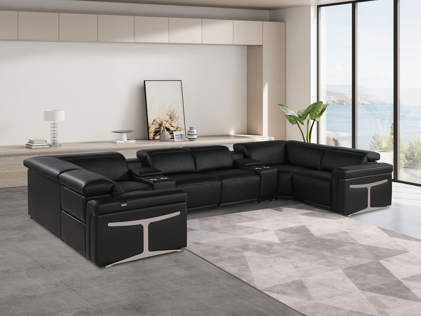 1126 Divanitalia 8-Piece U-Shaped Sectional Sofa in Top Grain Italian Leather with 2 Power Recliners & Power Headrests - Black