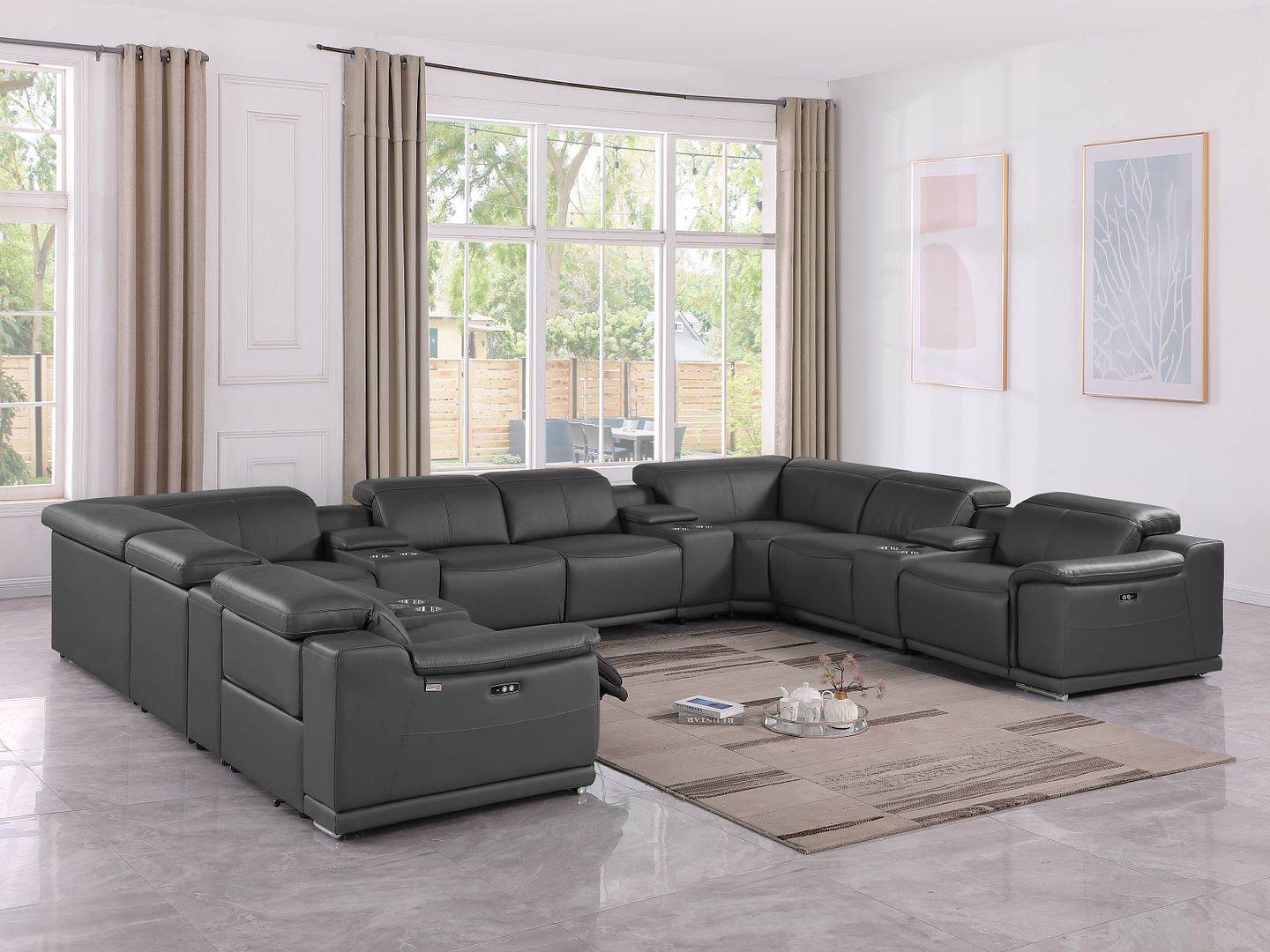 9762 Divanitalia 12-Piece U-Shaped Top Grain Italian Leather Sectional Sofa with 4 Power Recliners - Dark Grey