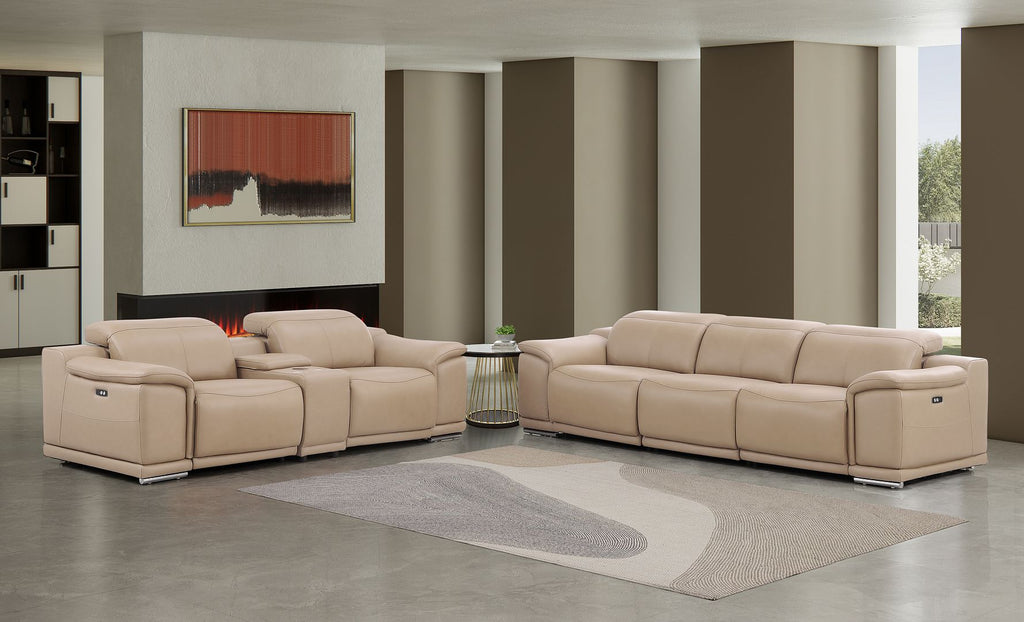 2679 Genuine Leather Reclining Set - Sofa and Loveseat with 5 Power Recliners - Beige - SKU 2679-BEIGE-6.5-HT-2PC